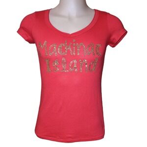 Mackinac Island Top Womens Small Spellout Glitter Rhinestone District Made  Pink